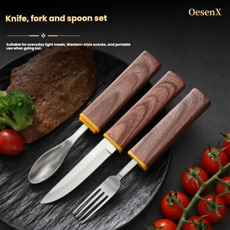 【July Selection】OesenX Portable Travel Flatware Set with Dinner Knife, Fork and Spoon with case, mirror-polished Stainless Steel Cutlery with Wood Grain Plastic Handles, Compact Reusable Utensils for Camping, Picnic, Office Lunch and Outdoor Dining