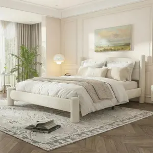 Boucle Platform Bed Upholstered Cloud Bed with Soft Round Headboard Cylindrical Legs Noise-Free No Box Spring Easy Assembly