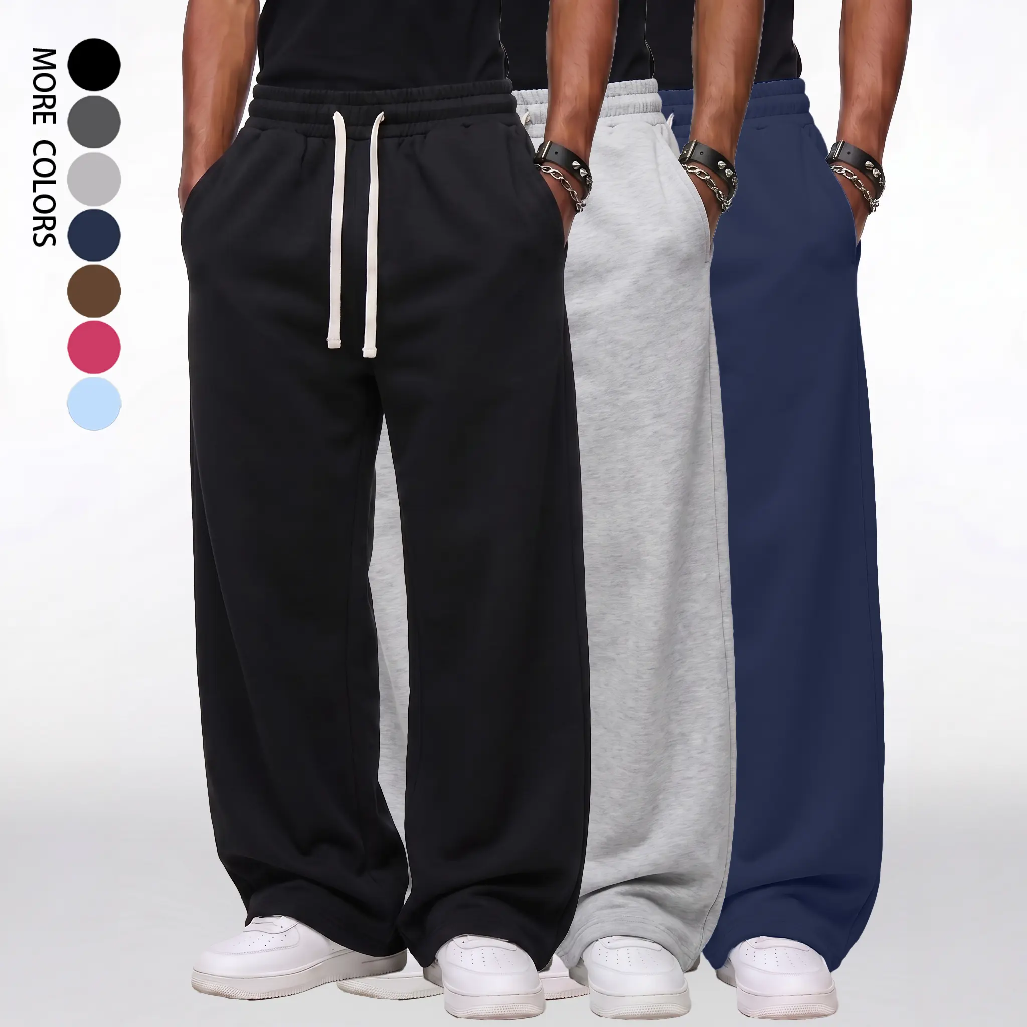 Fall & Winter Styles Ultra-Soft Wide-Leg Sweatpants men’s loose athletic pants, oversized fit with drawstring waist, casual wide-leg ultra-soft joggers| Breathable athletic pants suitable for basketball, running, and fitness Trouser Beige Plain