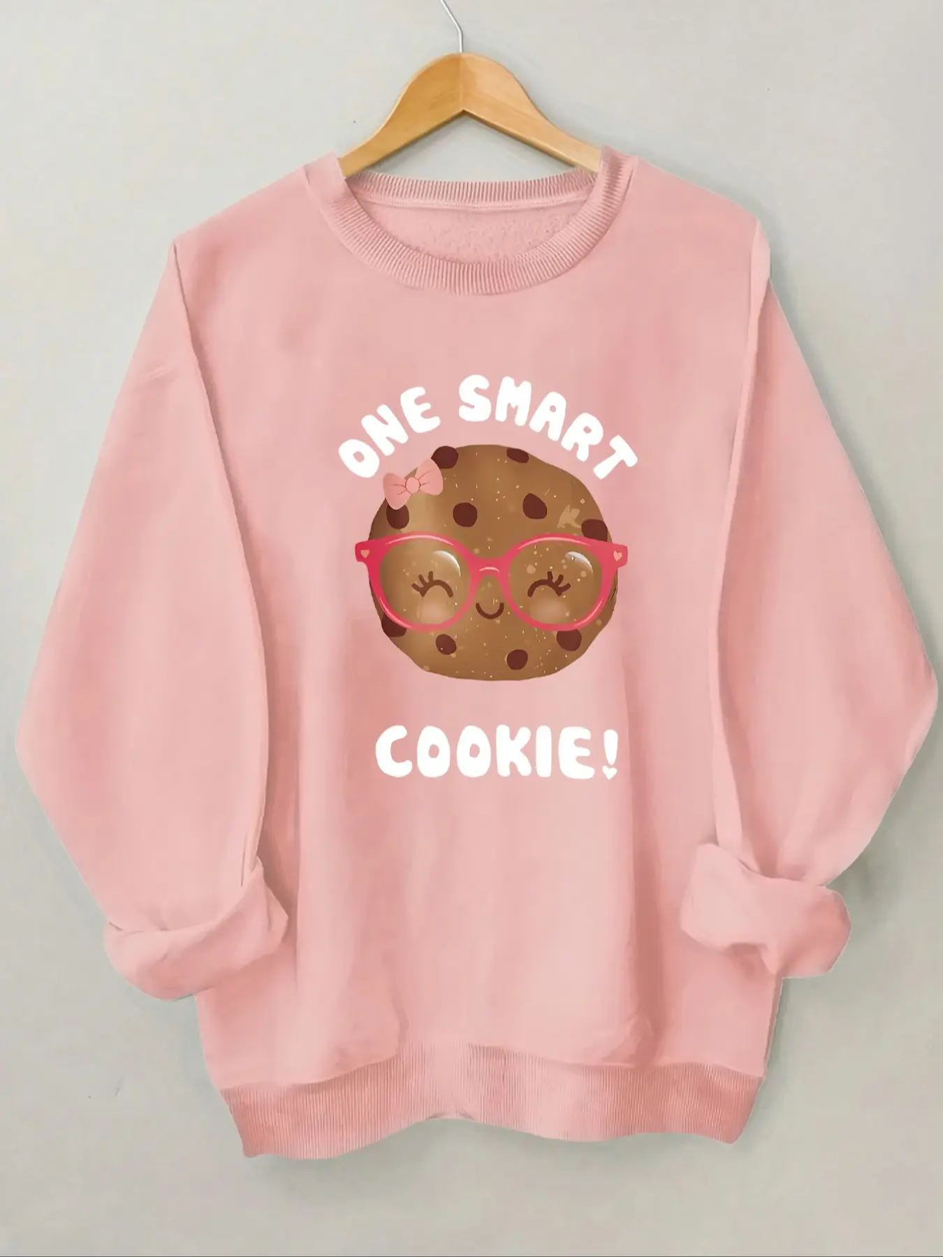 Autumn Winter Fashion Round Neck Sweatshirt with One Smart Cookie! Text & Cartoon Cookie Print, Casual Fitted Design for Women