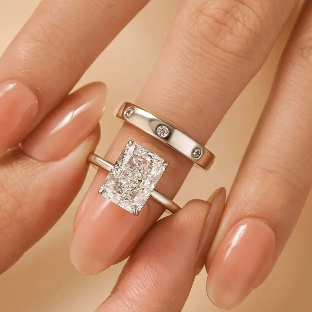 Effinny Jewelry 5.0ct Radiant Cut 2PC Wedding Ring Set, S925 Sterling Silver, 5A Cubic Zirconia Promise Ring, Bridal Set Rings, Anniversary Ring for W