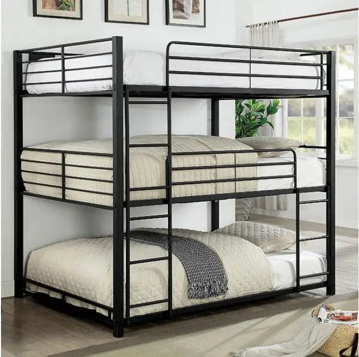 Carolyn Triple Twin or Full Metal Bunk Bed – Space-Saving Design with Sturdy Steel Frame in Black Finish