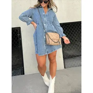 Washed Denim Puff Sleeve Mini Dress – Short-Length Collared Button Down with Ruffle Hem & Matte Silver Buttons - Casual Women's Fashion Pleats