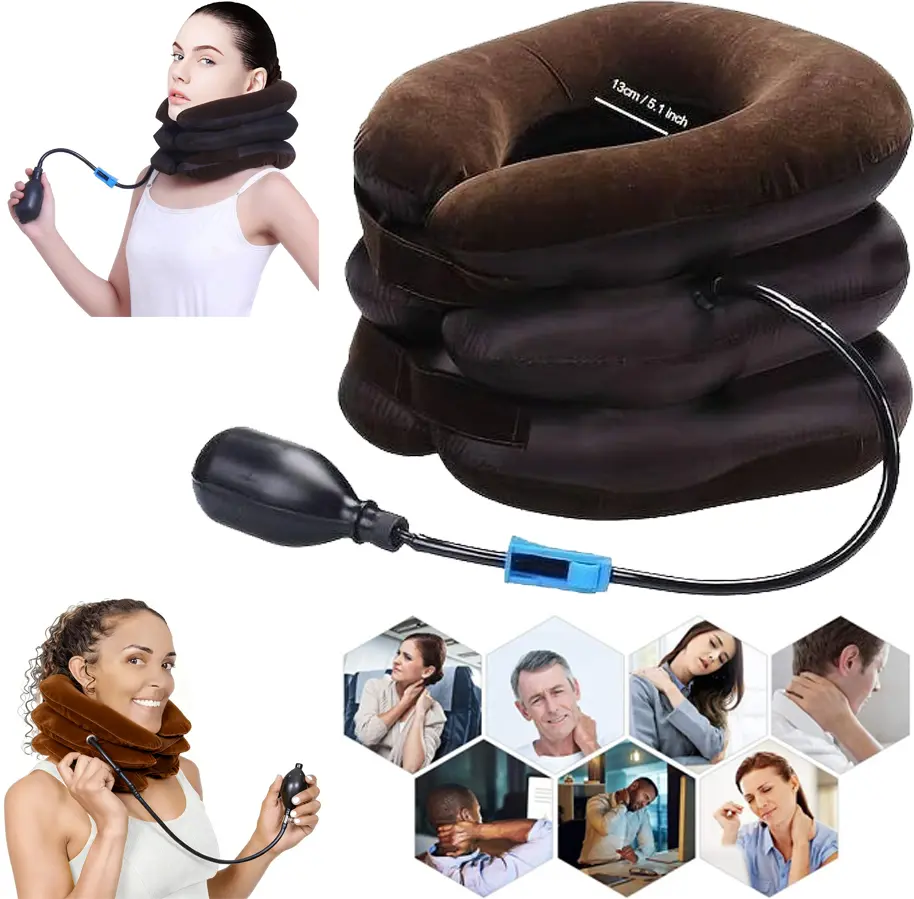 Adjustable Inflatable Cervical Traction Device - Home Supplies Neck Pain Relief Pillow with Ergonomic Comfort Padded Support, Soft Fabric, Blue Valve, Portable Home-Office Neck Stretcher for Posture Improvement & Spine Alignment
