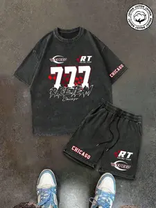 Men's Trendy Racing Style Chicago Speed Washed Set, Main Color with Number Details, Loose Comfort Fit, Neutral Wind Ensemble