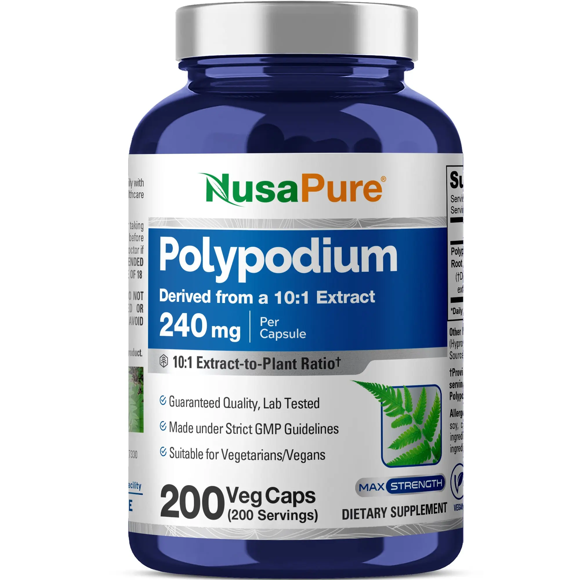 NusaPure Polypodium Leucotomos 10:1 Botanical Extract Antioxidant Nutrient Supplement - 240mg, 200 Veggie Capsules (200 Servings), Skin Health Vitamins Supplements, Sun Protection, Skin Brightening, DNA Damage Reduction, GMO-Free, Vegetarian/Vegan, 10:1 E