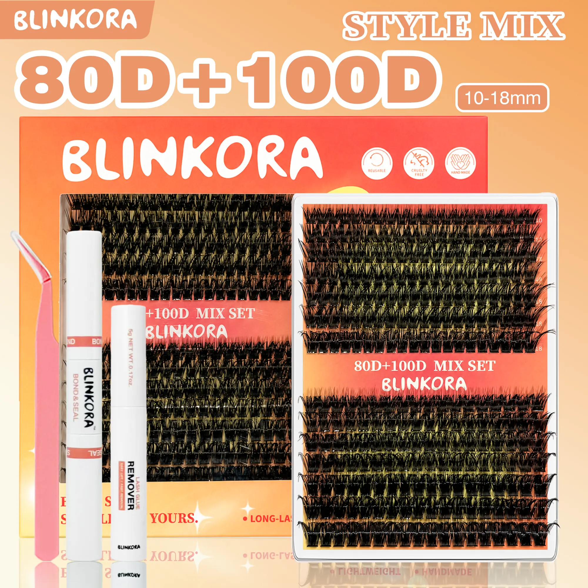 Blinkora 80D100D Lash Cluster Hybrid Kit, 10-18mm Cluster Lashes Extensions, Beginner-Friendly DIY Set with Waterproof Lash Clusters, Free Glue, Remover & Applicator for Makeup Cosmetics