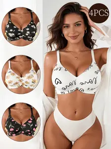 4-Pack Seamless Printed Jelly Bra Set, Wireless Fitted Lingerie, Medium Support, All-Over Print, Comfortable Daily Wear, Everyday, Sporty Style