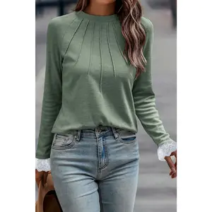 Grass Green Seam Detail Lace Contrast Cuffs Raglan Sleeve Top