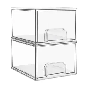 2 Pack Stackable Makeup Organizer Storage Drawers,4.4'' Tall Acrylic Bathroom Organizers ,Clear Plastic Storage Bins For Vanity Boxes, Durable Plastic, Home Decor Organiser