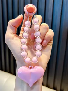 Colorful Heart Bead Phone Strap Keychain, Handmade Beaded Chain, Mobile Phone Lanyard, Wrist Rope, Fashion Accessory, All Seasons