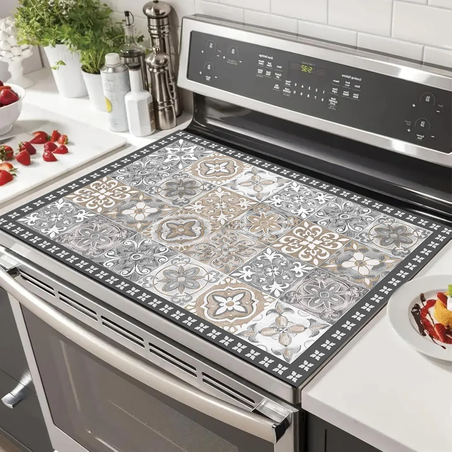 Bohemian Floral Design Non-Slip Rubber Grill Mat, Stove Panel Protector, Kitchen Decoration, Easy Clean, Multi-Purpose Stove Cover