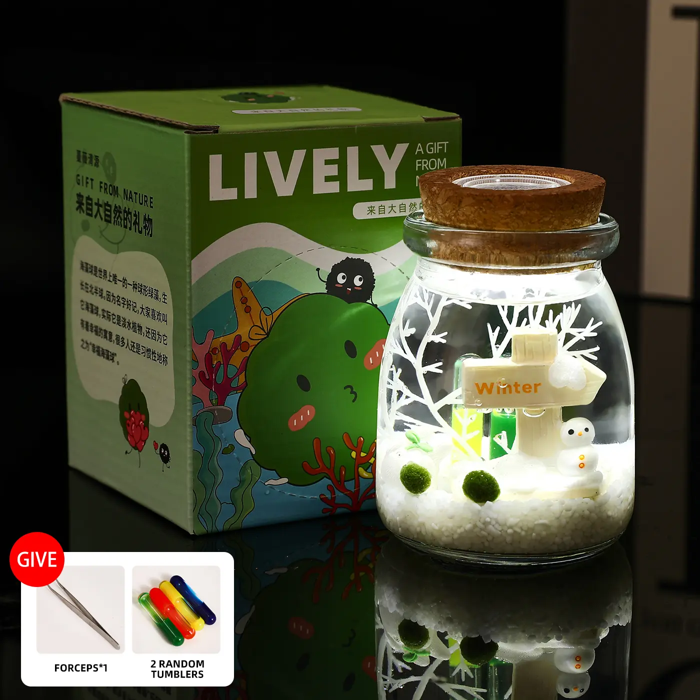Lively Glow Live Aquarium Plant - Self-Sustaining Marimo Micro-Landscape Ecosphere, Closed Ecosystem Jar, Effortless Low-Maintenance Desk Decor (Includes LIVELY Moss Ball Pet)