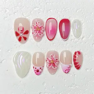 [Berry] Short Almond Handmade Press on Nails, Fake Nails with Nail tool kit with Jelly Stickers, Reusable, Durable