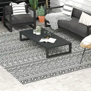 9'x12' Reversible Boho Outdoor Rug - Gray & Cream White Waterproof Polypropylene Carpet for RV Camping, Easy to Maintain, Easy to Carry with Included Carry Bag