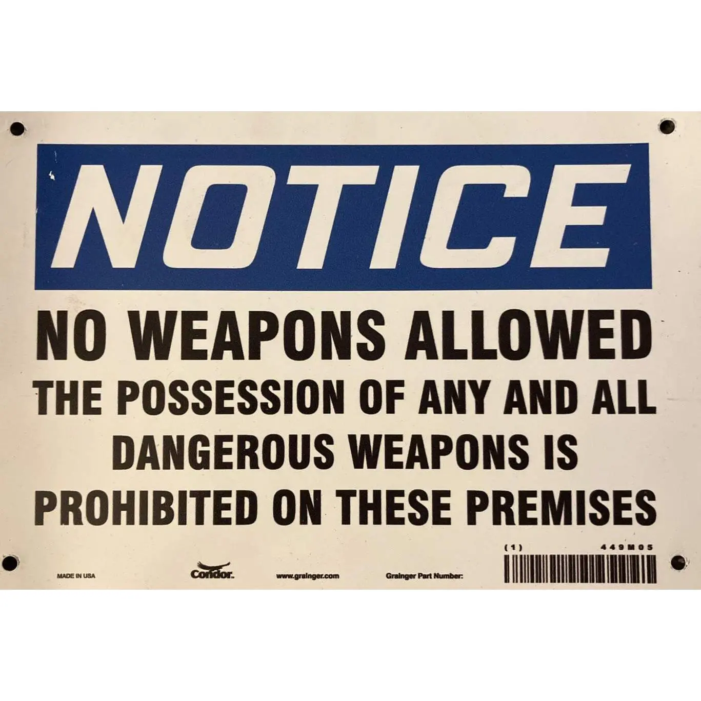"Notice No Weapons Allowed" Sign 10 X 7 X 4 Inches - Outdoor - Metal - Warning