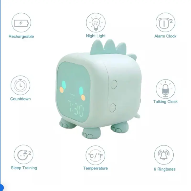 Dinosaur Alarm Clock with Voice Control Night Light Rechargeable Countdown Talking Clock 6 Ringtones Sleep Training Temperature Display