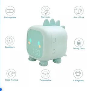 Dinosaur Alarm Clock with Voice Control Night Light Rechargeable Countdown Talking Clock 6 Ringtones Sleep Training Temperature Display