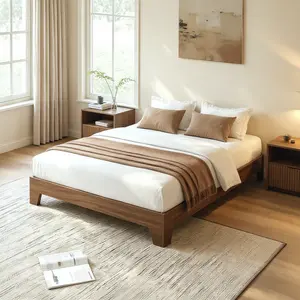 SA-Garvee 10 Inch Queen Size Platform Bed Frame, Wood Bed Frame Without Headboard, Wood Slat Support, No Box Spring Needed, Easy Assembly, Queen Bed Frame, Walnut Wood