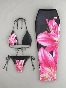 three-piece set women's floral print halter bikini set, chic tie back triangle swim bra & tie side swim panty & cover up skirt set, fashion swimming swimwear set for beach holiday vacation, y2k bathing suit, bikinis sets, swimsuit women, bikini outfits