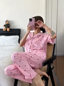 Valentine's Day Women's Sleepwear Set, Cherry Print Ruffle Short Sleeve Long Pants, Open Front Collar Comfortable Pajamas, Casual Home Wear