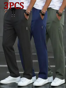 Men's Three-Piece Sports Pants Set, Elastic Waist, Classic Running Casual Pants with Pockets, Outdoor Hiking Fitness Wear, Track Bottoms