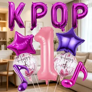 14-Piece K-Pop Music Theme Party Decor Set, Includes 32-Inch Pearl Numbers, K-Pop Balloons, Star and Butterfly Balls, Birthday Decorations