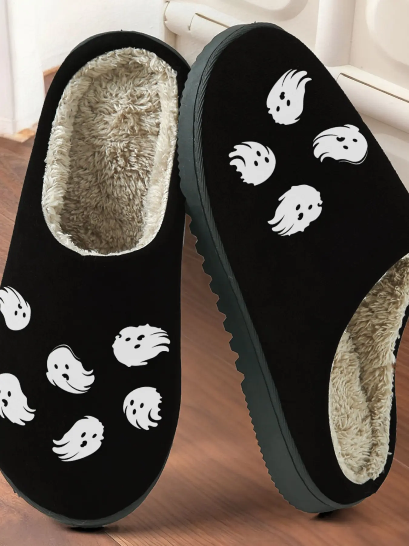 Cute Ghost Full-Print Cotton Slippers, Funny Ghost Style, Plush Lined Anti-Slip Thick Sole, Home Casual Warm Shoes for Fall Winter
