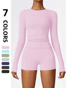 Women's Sporty 2-Piece Set, Tight-Fit Nylon Long Sleeve Top & High-Waisted Shorts, Quick-Dry Fitness for Running Outdoor Activities