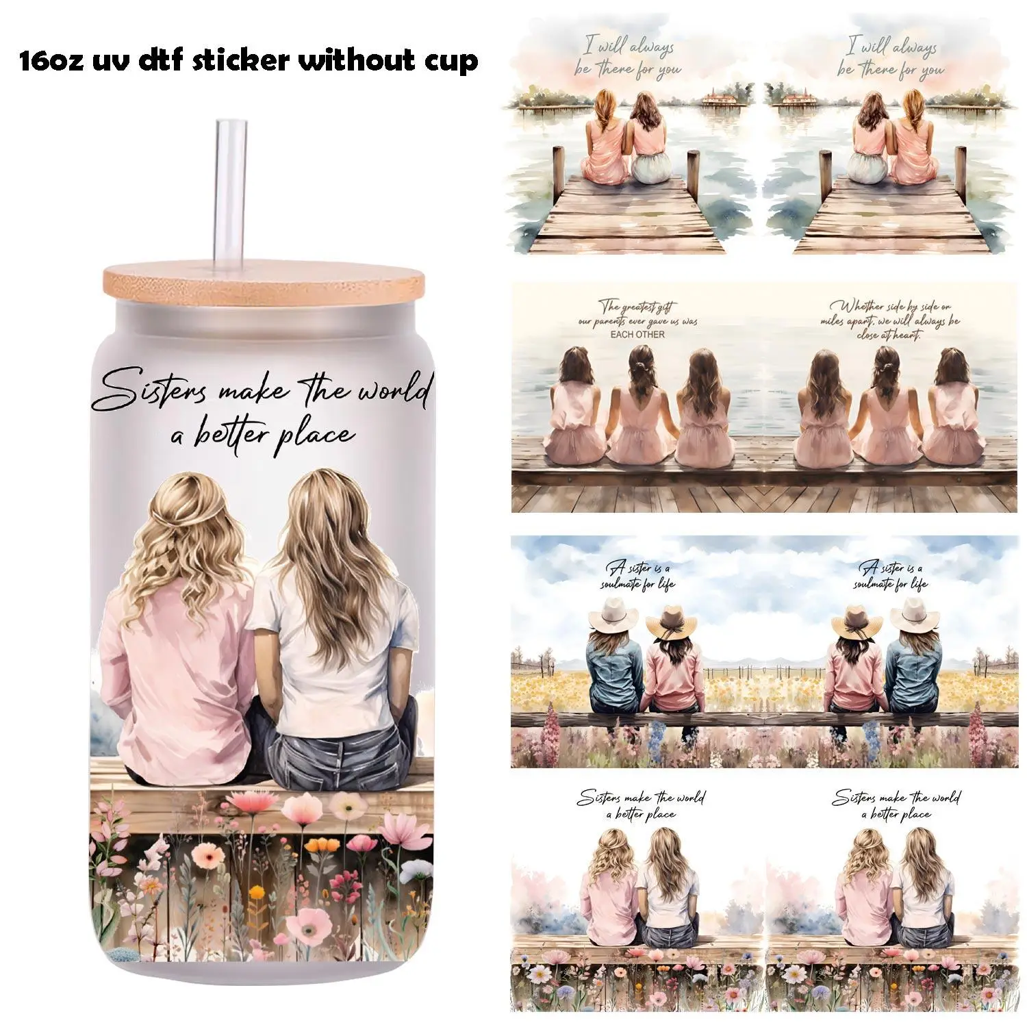 4pcs/set Sisters Picture Uv Dtf Cup Wraps Decals Transfer Printing Waterproof Self-adhesive Stickers