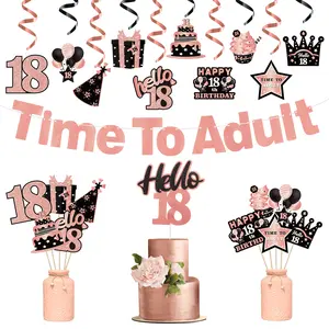 WATINC 42pcs 18th Glitter Rose Gold Birthday Banner Party Decoration, Time to Adult Hanging Garland Swirls Signs for 18 Years Old Girls Bday Party Favor, Rose Gold Cake Topper Centerpieces Table Decor
