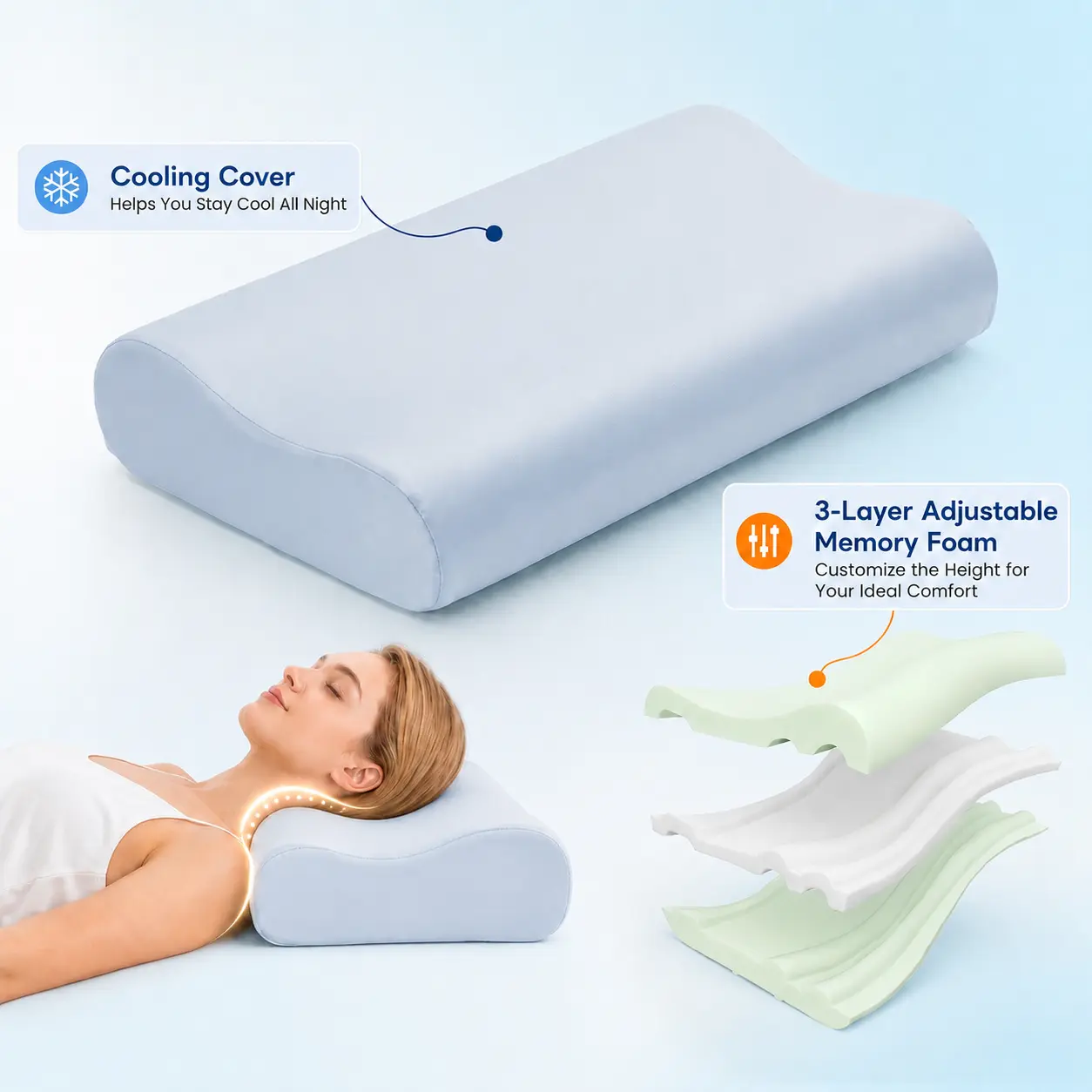Raybee Cervical Neck Pillow-Adjustable Height, Cooling Memory Foam Pillow with 4 Height Options, Ergonomic Contour Neck Support for Side, Back & Stomach Sleepers, Removable Washable OEKO-TEX Cover