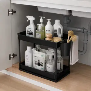 Kitchen Under Sink Organizer Single & 2 Pack, 2 Tier Storage Rack with Sliding Bottom Drawer & Fixed Top Shelf, Cabinet Shelf with Hooks and Hanging Baskets, Space Saving Storage for Kitchen Bathroom Pantry, Sturdy Structure