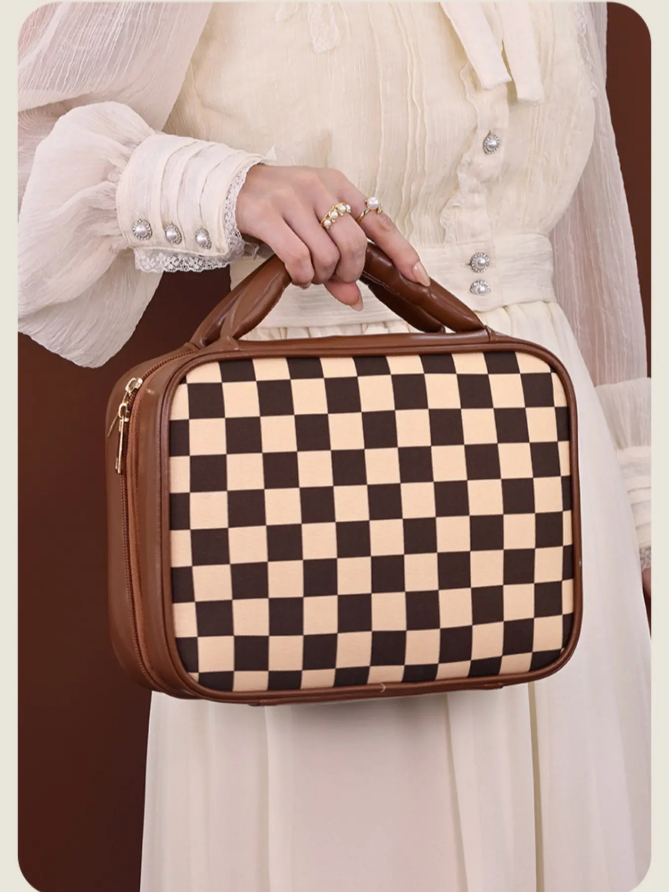 Vintage Checkered Three-In-One Makeup Bag, Vintage Vanity Bag, Detachable Brush Pouch, Dual Compartment Travel Cosmetic Organizer, Makeup Storage Organizer, Large Capacity Skincare & Cosmetics Case, Cosmetic Bags