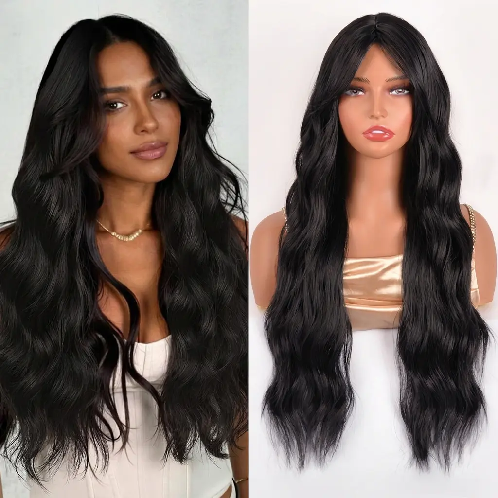 Long Wavy Lace Hairline Middle Part Synthetic Heat Resistant  Wig for Daily Party-28 Inch Herringbone Wig Headband