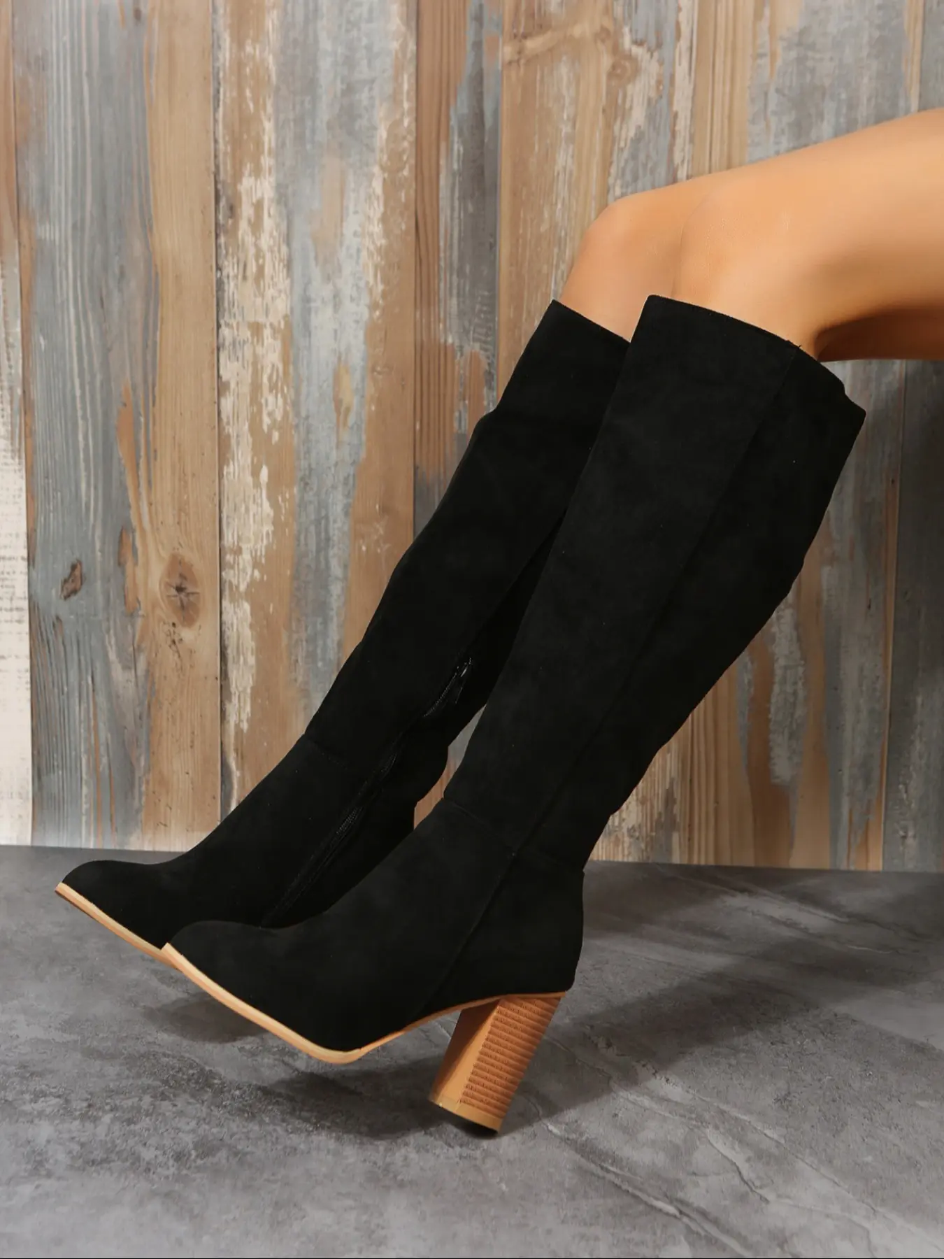 Women's Knee-High Thick Sole, Side Zipper Design, Wide Calf Simple Details, Almond Toe Stack Block Heel, Fall Winter Fashion Shoes, Trendy Boots, Block Heeled Boots, Almond Shaped Boots