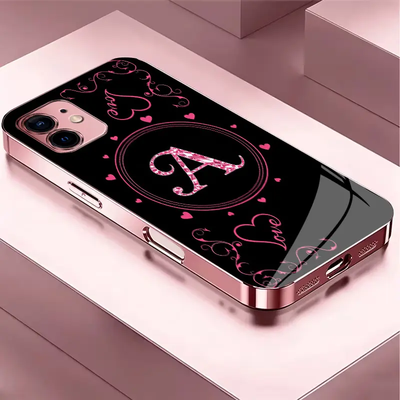 Suitable for [iPhone 12] Women's high-end phone case，The latest Pink Iridescent Glass Case—choose from 26 premium-look letters.YM99