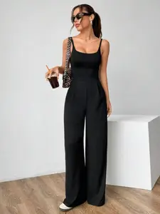 Sweet Spicy Girl's Secret! Backless Strap Romper, Minimalist Slimming Sleeveless Shoulder Neck Design, Wide Leg Pants, Perfect for Parties and Street Style, Casual