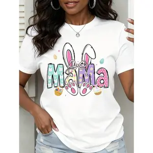Easter Mama Bunny Ears Paw Print T-Shirt Women Spring Easter Gift Cute Animal Themed Shirt Mother Easter Outfit Fashion Top
