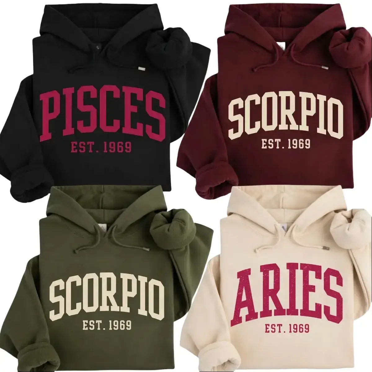 [Custom EST Year or Not EST] Full 12 Zodiac Minimalist Hoodie – Astrology Sign EST Year Sweatshirt for Men Women, Vintage College Style Unisex Pullover, Personalized Zodiac Birthday Gift-Philip82 Store