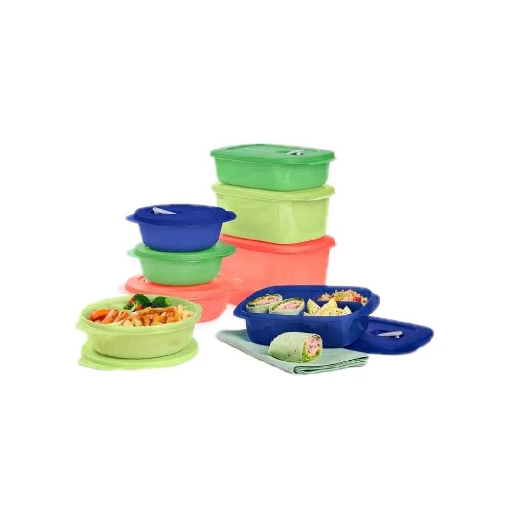 8piece  Crystal Waves Tupperware Rectangular and Round Lunch Containers - Assorted Colors, Ideal for Tableware Use
