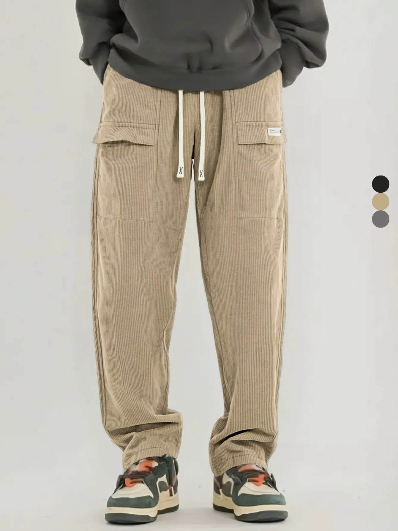 Men's waffle-knit technical pants with drawstring elastic waistband, small logo pocket, loose straight-leg street casual long pants