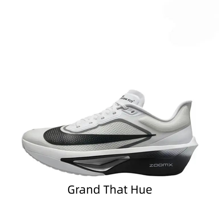 White Black Gradient Carbon Plate Racing Running Shoes Breathable Thin Perforated Mesh Upper Oversized Dark Side Logo Two-Tone Split Foam Midsole Shock Absorbing Non Slip Outsole Professional Marathon Competition Sneakers