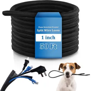 50ft Split Wire Loom Tubing Flame Retardant Braided  Sleeve Split High Temperature  Conduit Auto Wire Conduit for Industrial Electrical Tinsel Automotive Marine(50 Ft, 1")