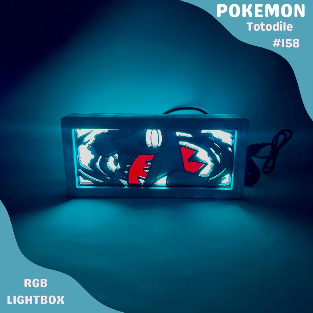 Totodile RGB LED Lightbox - 3D Printed Water Pokémon Lamp - Gaming Room Decor - Vintage-Inspired Night Light