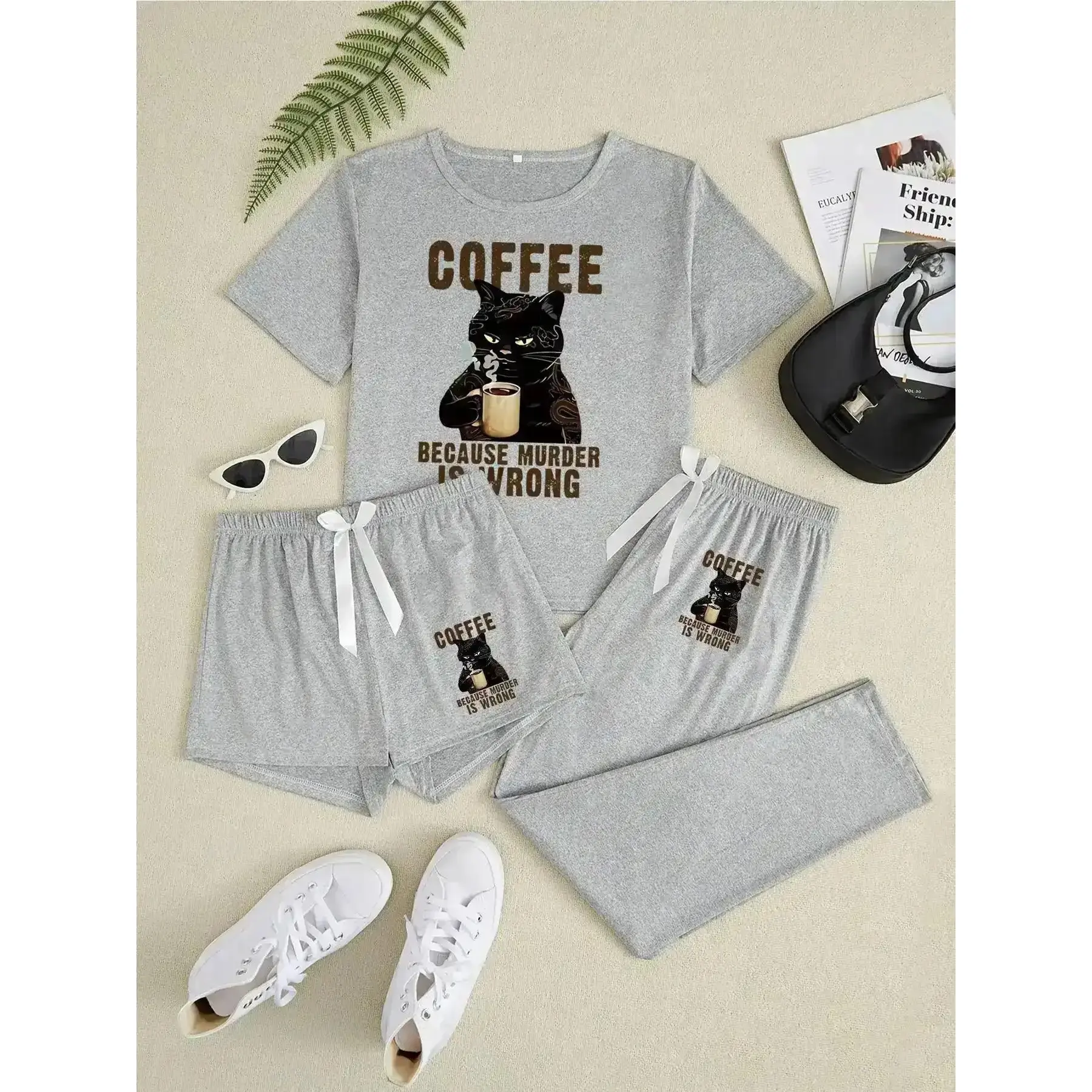 Stylish Casual Women's Set, Cartoon Cat Print Pajama Set, 3 Piece Sleepwear Collection, Casual Fitted Nightwear for All Seasons, Comfortable Lounge Wear, Loungewear, Breathable, Cozy, Versatile, Chic, Curve Hugging