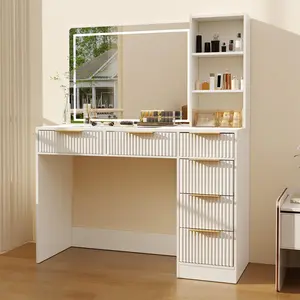 52" Oak & White Fluted Vanity Desk with Adjustable Lighting Mirror, Charging Station, 6 Drawers, Glass Top, Open Shelves & Hairdryer Stand, Modern Bedroom Dressing Table