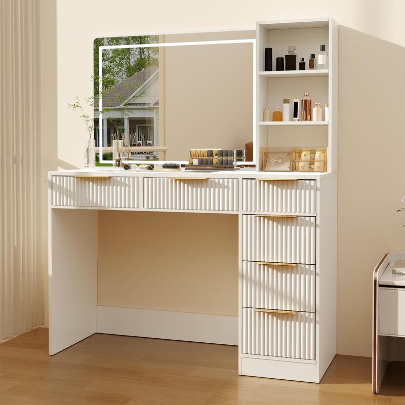 Modern Oak & White Rectangular Vanity Table with Mirror - 6+3 Storage, Waterproof, Ergonomic Design, Easy Set-Up, Sturdy Frame, LED Adjustable Lighting, Tempered Glass Top, Charging Station, Hairdryer Stand, Assembly Required, for Bedroom Daily Grooming,