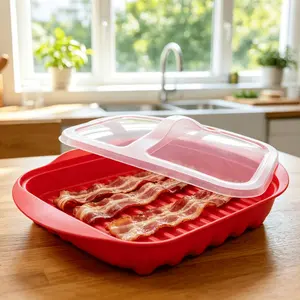 Microwave Bacon Cooker Tray With Lid, Non-Slip Draining Design, Durable PP Material, Dishwasher Safe, Quick Meal Prep Kitchen Essentials