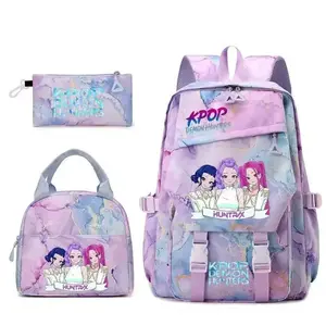 Trendy 3D-Print K-Pop Demon Hunters 3-Piece Backpack Set, HUNTR/X Print Tie-Dye Backpack with Lunch Bag and Pencil Case, Portable School Bags & Stationery Organizer for Students & Fans